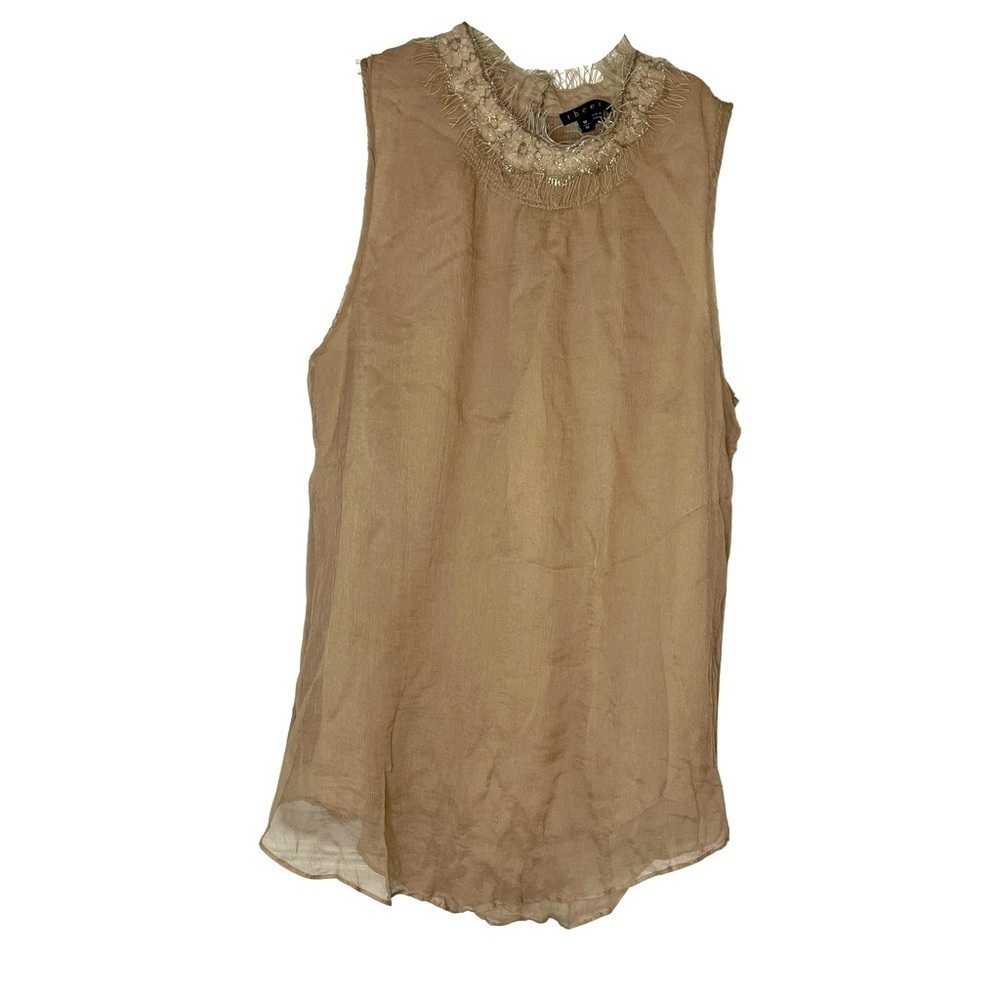 Theory Taupe and Sparkle Silk Sheer Fringe Tank Top With Detailed Collar